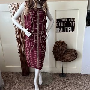 Chetta B Burgundy Sheath Dress With Gold Beaded Embellishments
